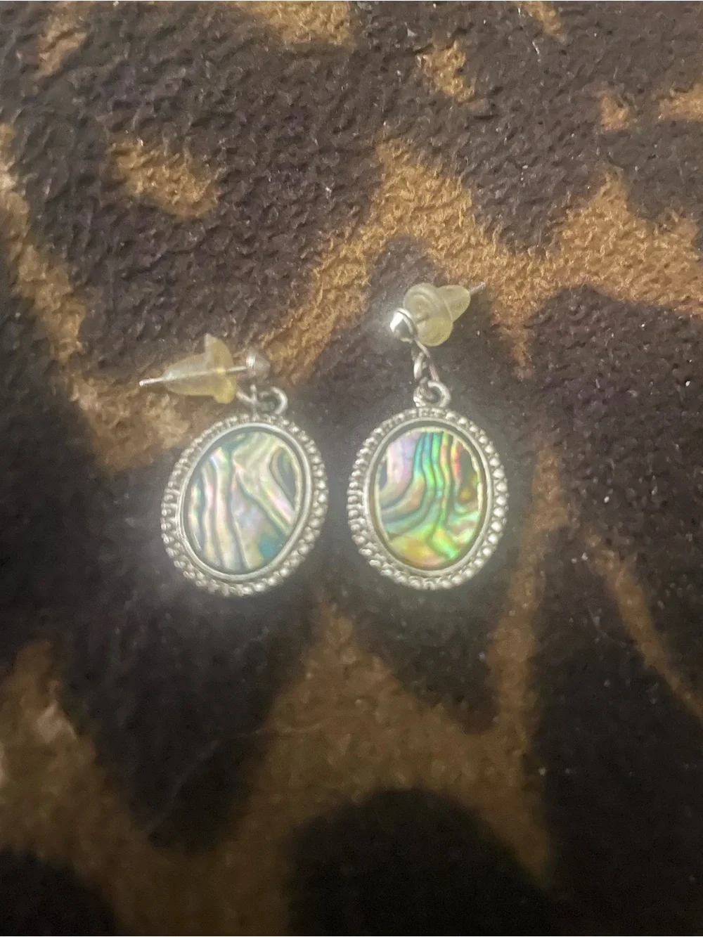 Silver Abalone Shell Oval Drop Earrings - Iridescent Green